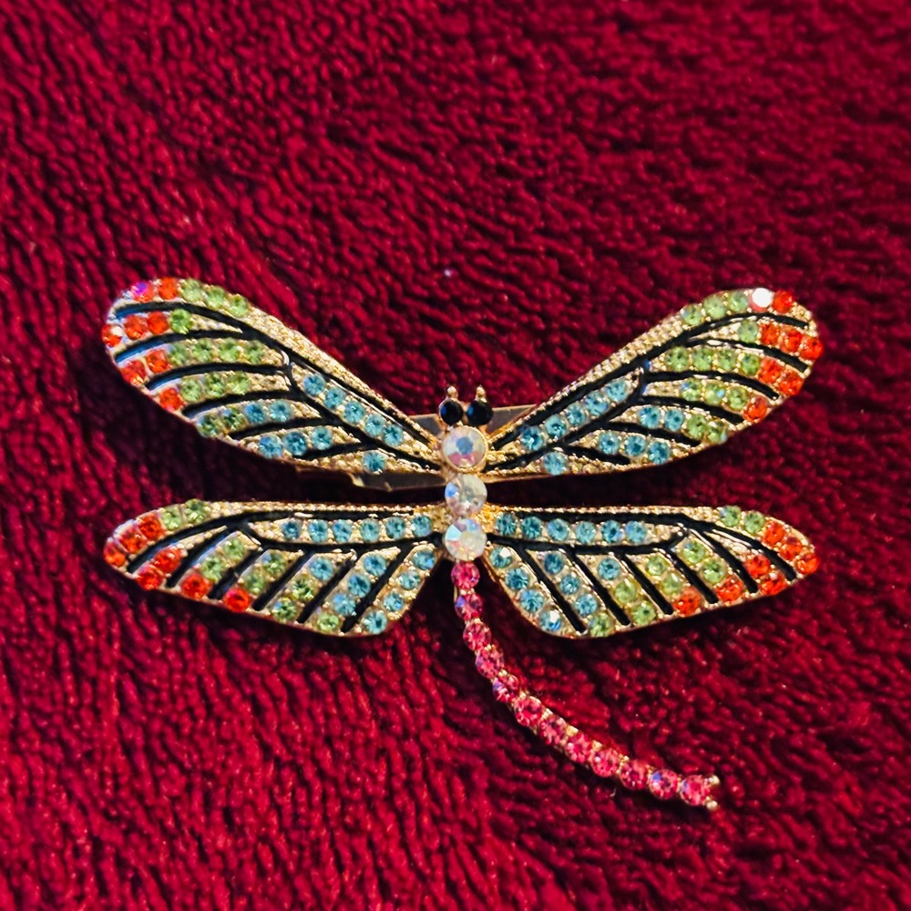 Multicolor Rhinestone Dragonfly Brooch Gold Tone Insect Pin - Picture 3 of 7